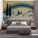 Panoramic rainbow landscape mural installed as a feature wall in a minimalist bedroom
