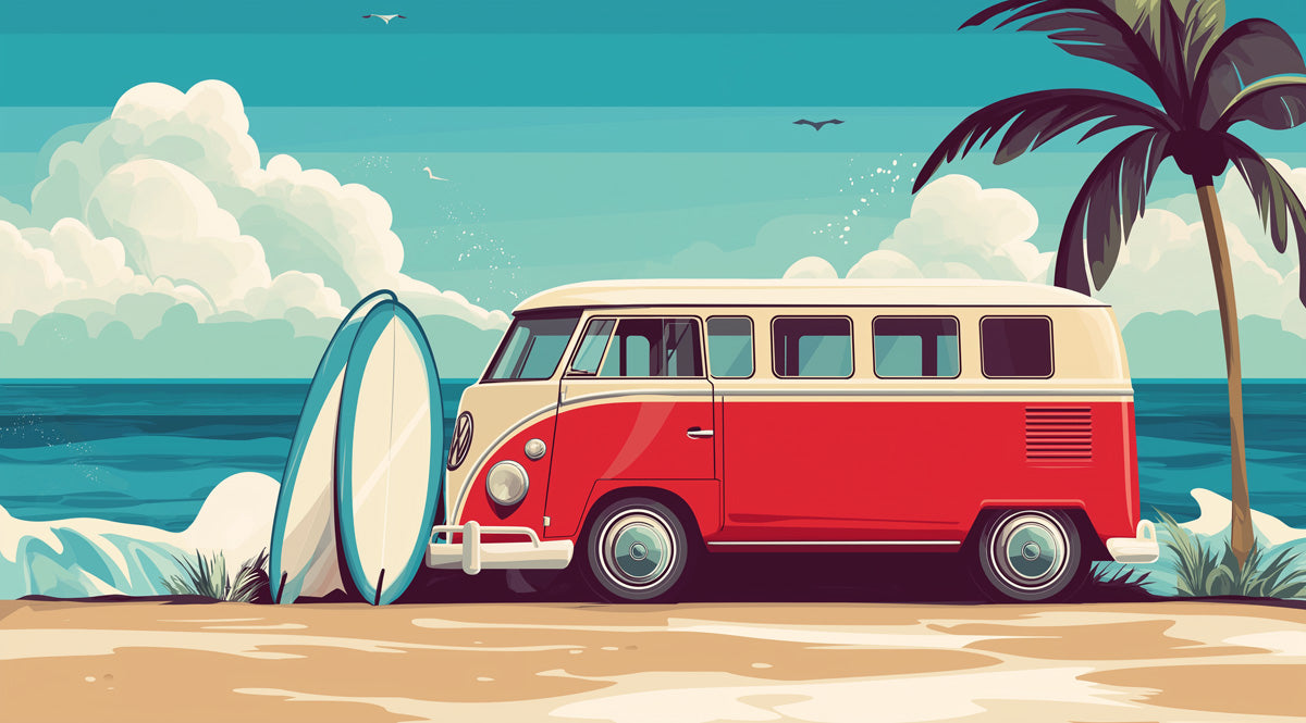 Vintage Bus and Surfboard Mural Wallpaper | Red, Cream, Blue