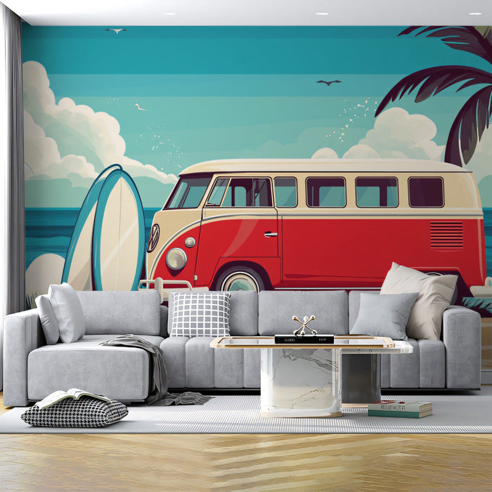 Vintage Bus and Surfboard Mural Wallpaper | Red, Cream, Blue