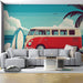 Vintage Bus and Surfboard Mural Wallpaper | Red, Cream, Blue