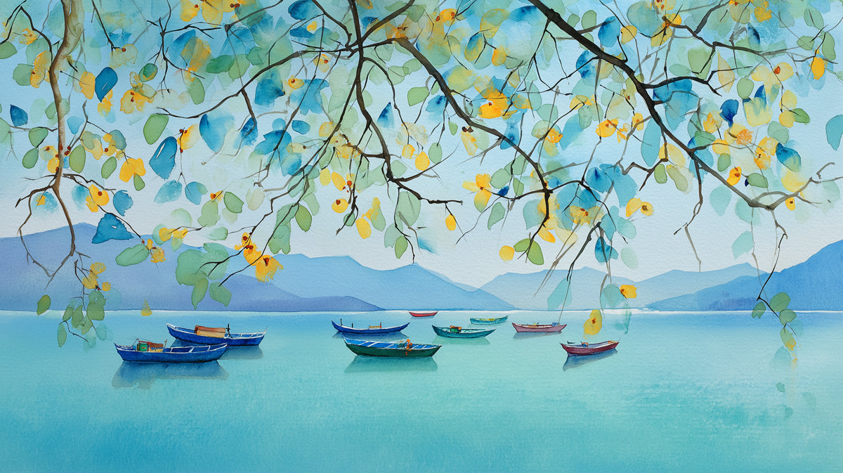 Watercolor painting style mural featuring turquoise lake, blue boats, and hanging tree branches with yellow leaves