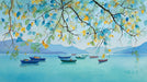 Watercolor painting style mural featuring turquoise lake, blue boats, and hanging tree branches with yellow leaves