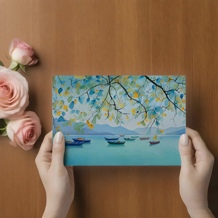 Calm coastal bedroom wall decor featuring blue water and boat scene above a wooden headboard