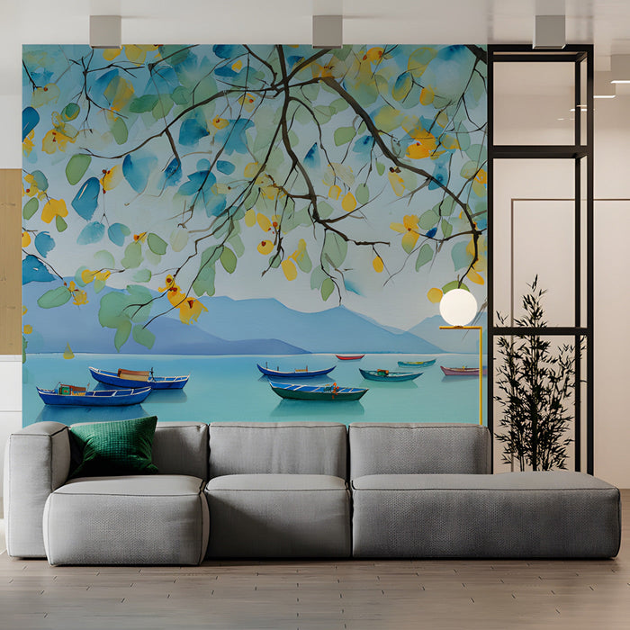 Tranquil commercial space feature wall with watercolor boat mural and minimalist light wood furniture