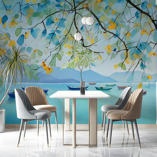 Serene lakeside mural installed on a bright dining room wall behind a neutral linen sofa