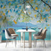 Serene lakeside mural installed on a bright dining room wall behind a neutral linen sofa