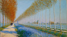 Impressionist landscape wallpaper featuring a path lined with tall orange poplar trees and lavender fields under a blue sky.