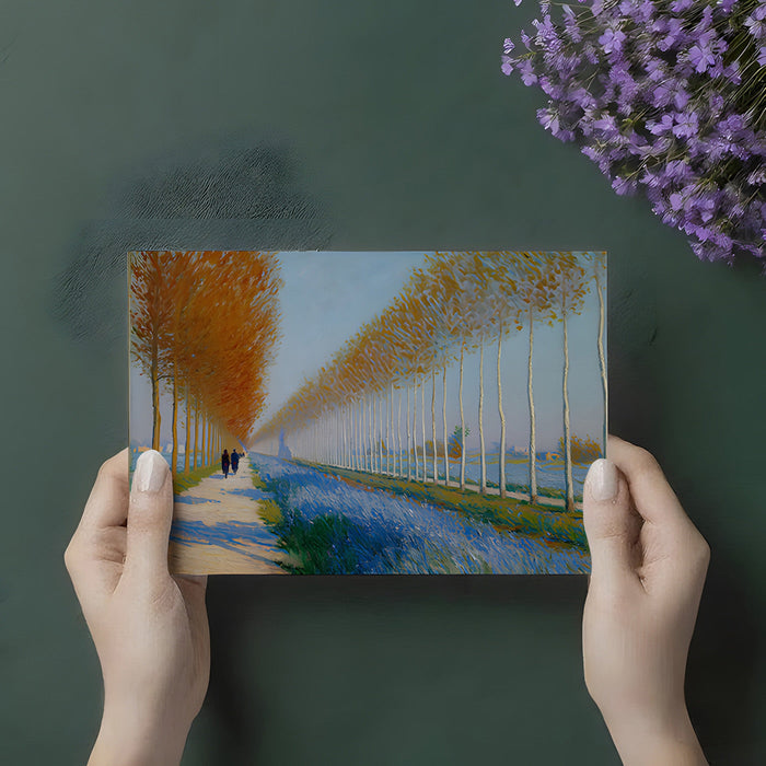 A bright dining room with an impressionist landscape mural, creating a sense of depth behind a minimalist table.