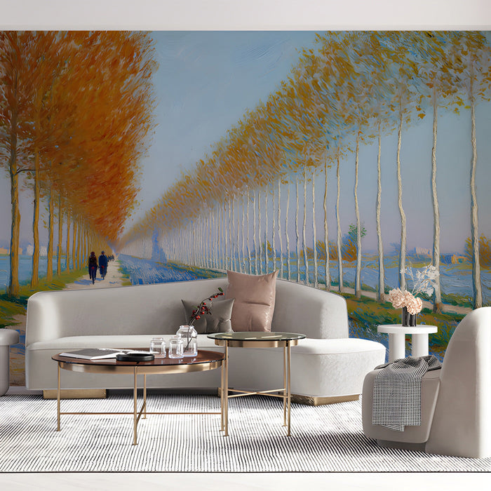 A cozy living room featuring an autumn landscape mural on the main wall behind a dark wood desk.