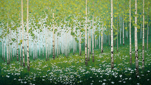 Painterly birch tree forest mural with white daisies and lush green foliage