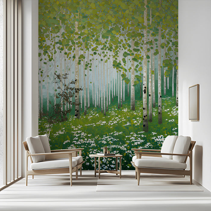 Spring woodland mural with white flowers in a bright home office space
