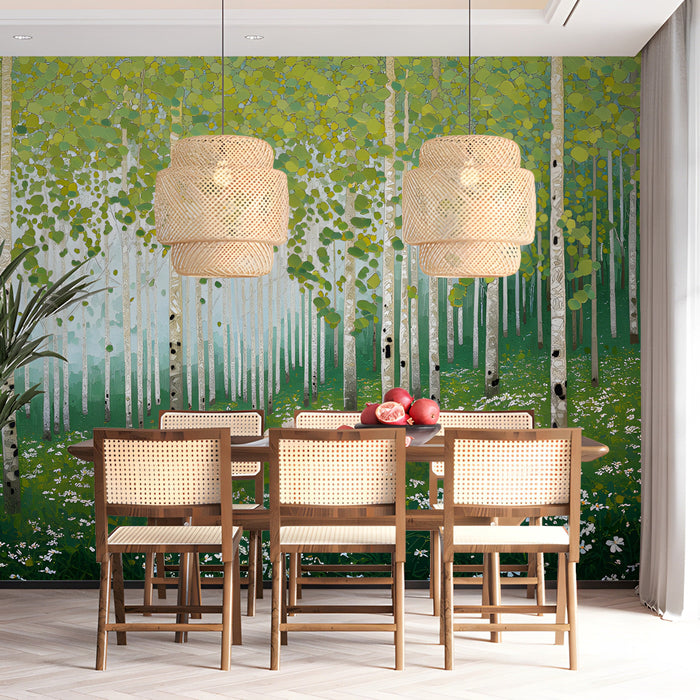 Birch tree forest wallpaper in a sunlit dining room with neutral furniture