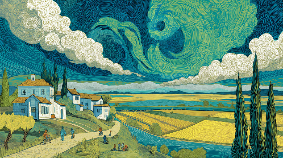 Van Gogh inspired landscape wallpaper with swirling teal clouds, ochre fields, and cypress trees.