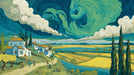 Van Gogh inspired landscape wallpaper with swirling teal clouds, ochre fields, and cypress trees.