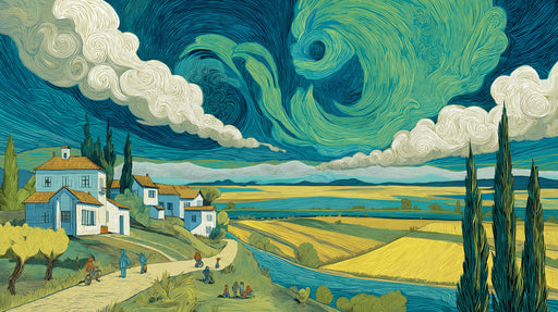 Van Gogh inspired landscape wallpaper with swirling teal clouds, ochre fields, and cypress trees.