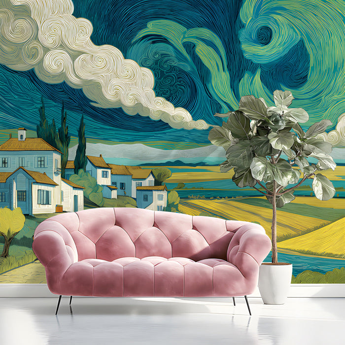 Study space with a swirling sky art mural creating an inspiring backdrop.