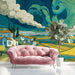 Study space with a swirling sky art mural creating an inspiring backdrop.