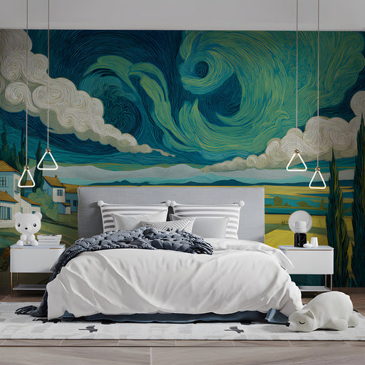 Bedroom interior featuring an artistic countryside mural behind a neutral cream sofa.
