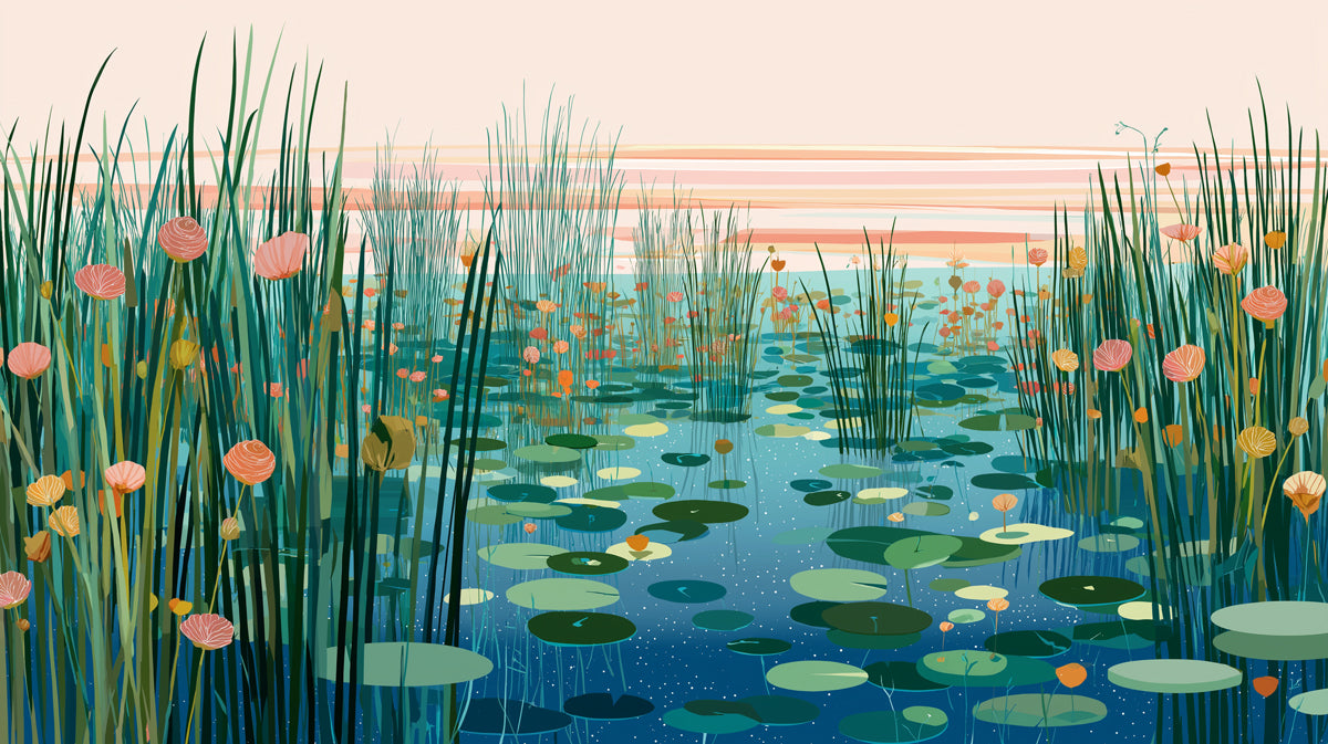 Vector art marshland scene with lily pads, reeds, and sunset flowers in teal and coral