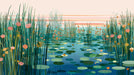 Vector art marshland scene with lily pads, reeds, and sunset flowers in teal and coral