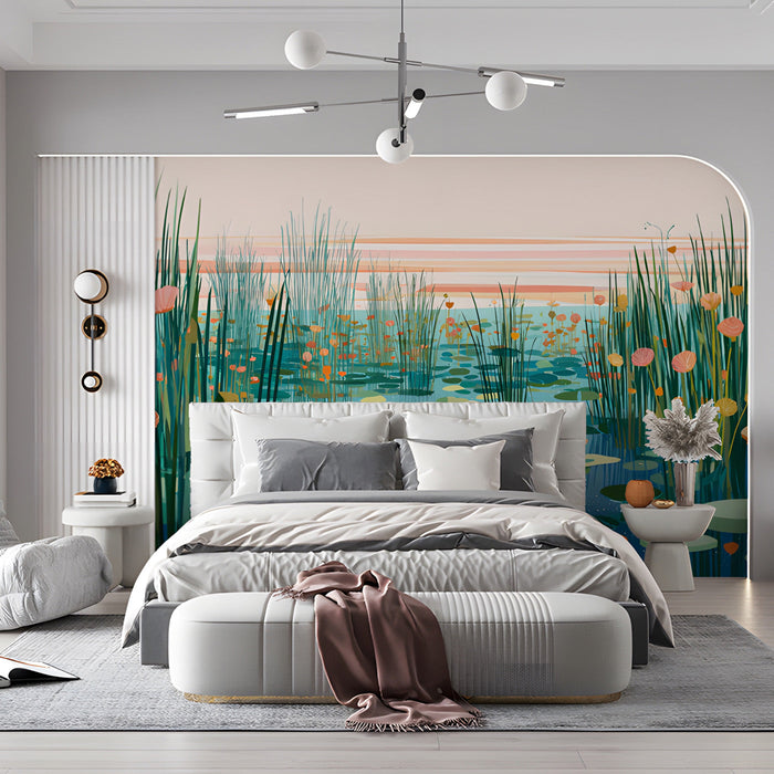 Bedroom interior with a scenic pond wallpaper providing a peaceful backdrop