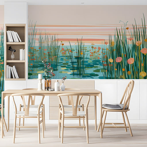 Modern meeting room featuring a serene nature mural behind a cream velvet sofa