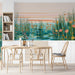 Modern meeting room featuring a serene nature mural behind a cream velvet sofa
