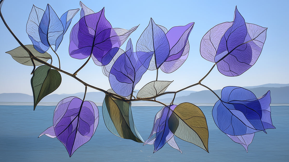 Translucent violet and periwinkle bougainvillea leaves with detailed skeletal veining on a pale sky background