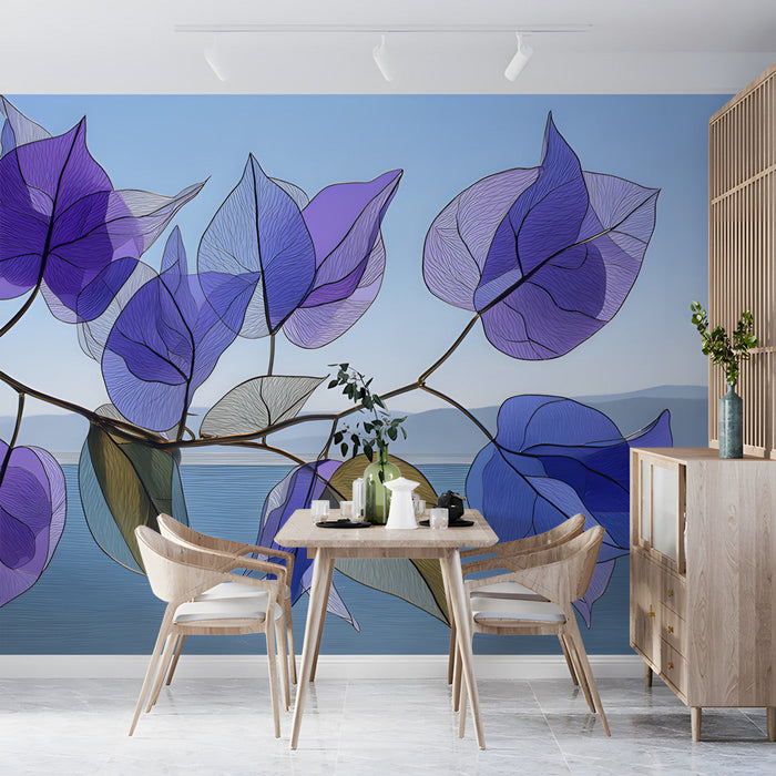 Close up of blue floral wallpaper in a bright, modern living room with light wood furniture
