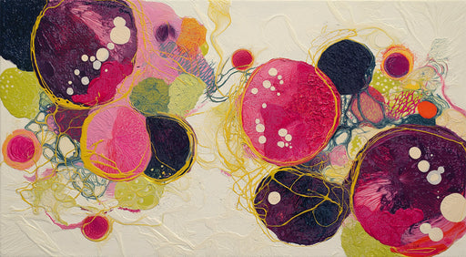 Abstract painterly wallpaper with large plum and pink circles connected by ochre yellow and lime green webbed lines on a cream background