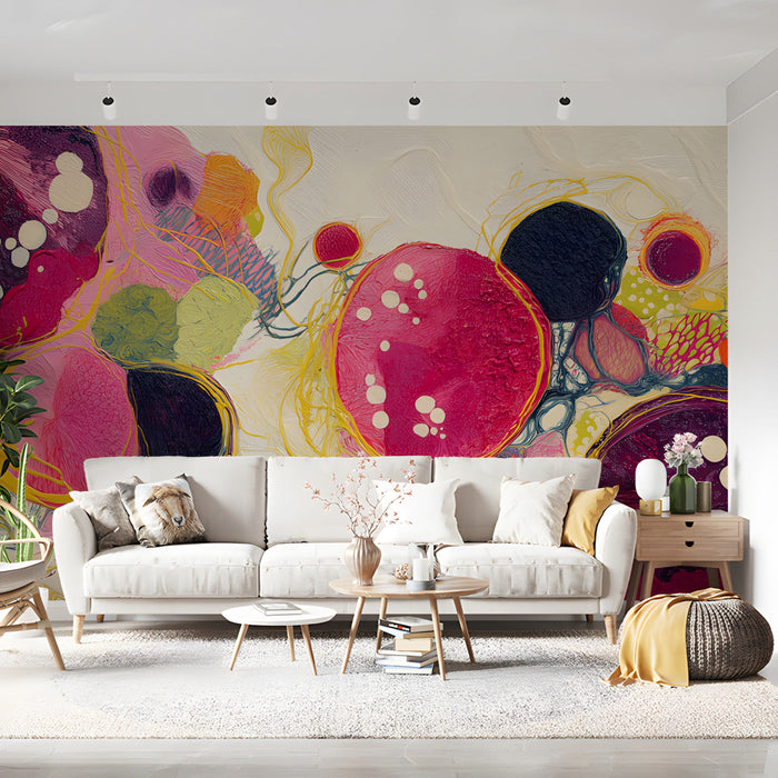 Contemporary living wall decorated with a vibrant abstract mural in shades of plum and hot pink