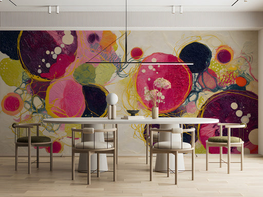 Modern dining room featuring an abstract circular wall mural behind a minimalist beige sofa