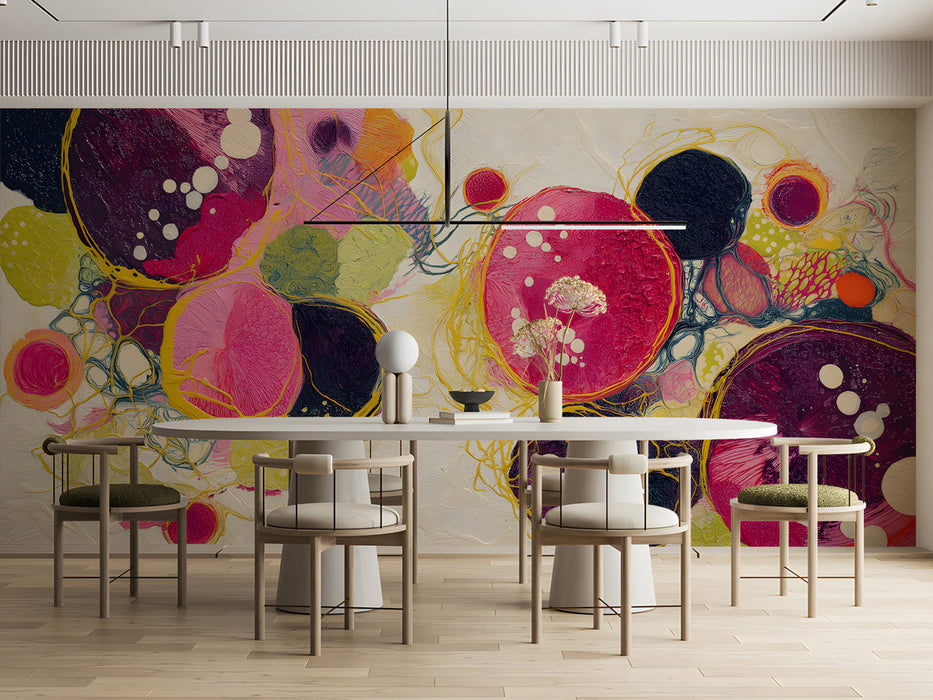 Modern dining room featuring an abstract circular wall mural behind a minimalist beige sofa