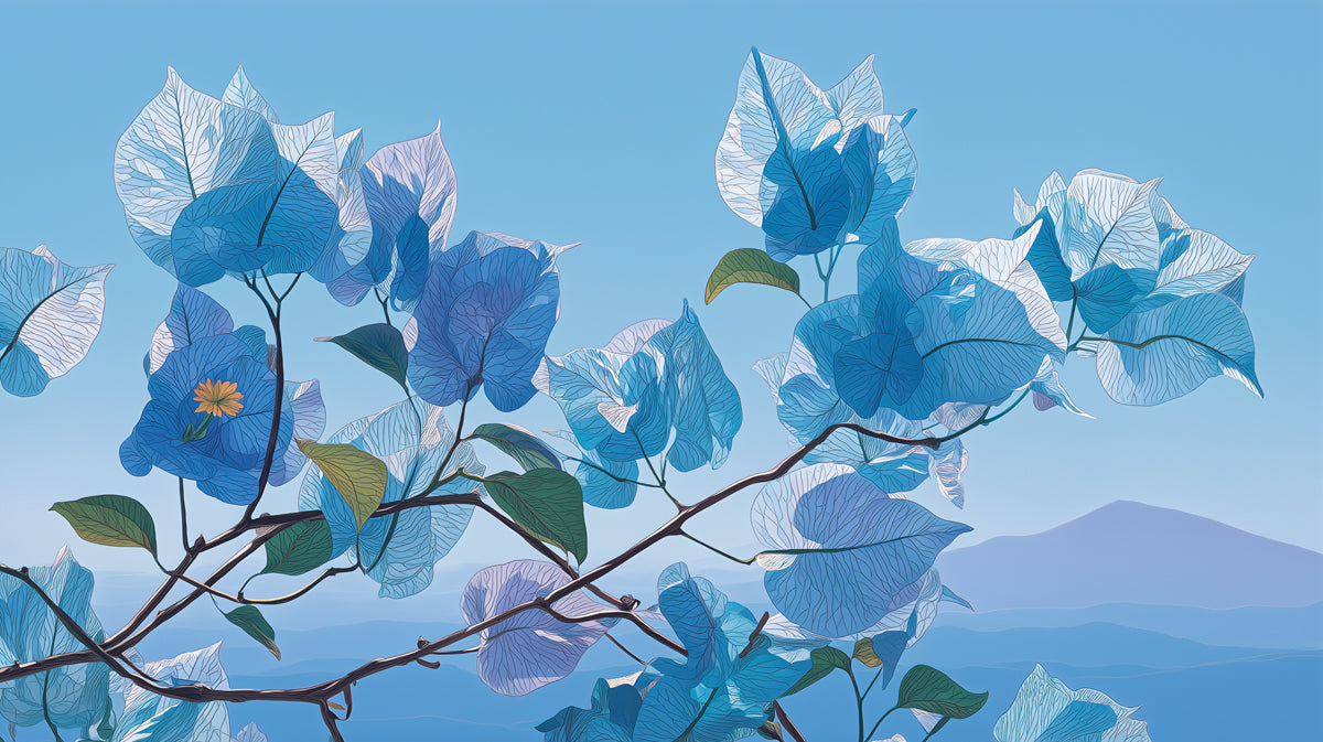 A floral mural featuring blue bougainvillea blossoms with fine white veins against a light blue sky and mountain background.