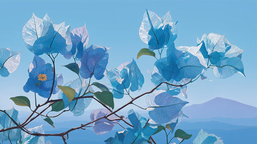 A floral mural featuring blue bougainvillea blossoms with fine white veins against a light blue sky and mountain background.