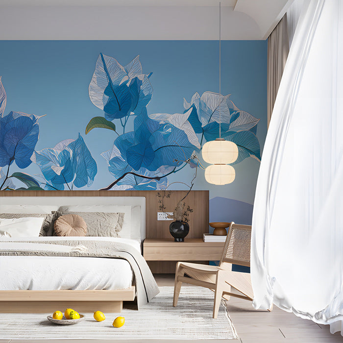 A quiet bedroom sanctuary showcasing the light blue botanical pattern above a minimalist headboard.