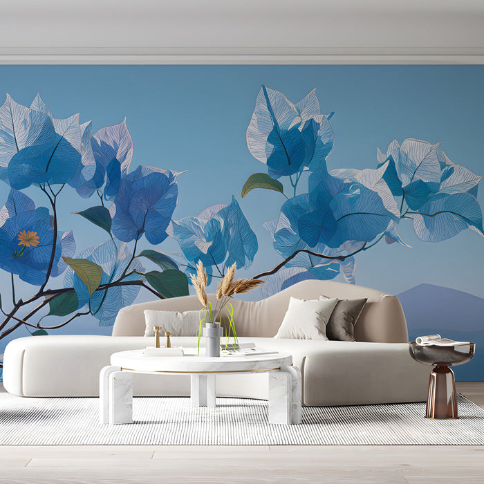 A bright, airy living room featuring the blue floral wallpaper behind a neutral fabric sofa.