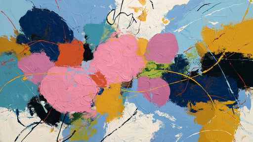 Abstract expressionist oil painting wallpaper with bold pink, blue, and ochre yellow brushstrokes