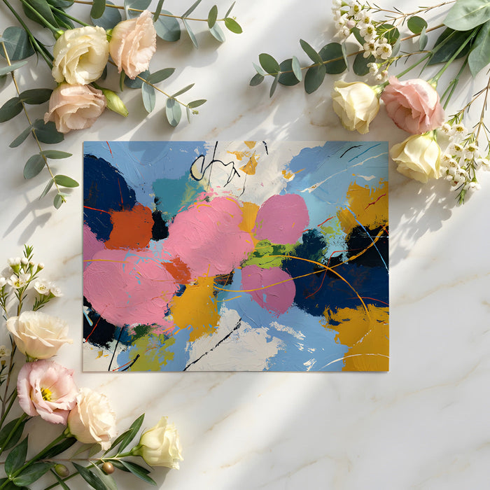 Colorful abstract office mural wallpaper behind a minimalist white workspace desk