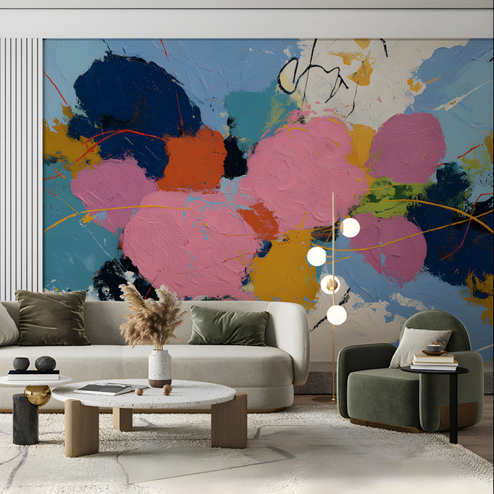 Dining room interior with a bold expressive art wall mural and modern furniture