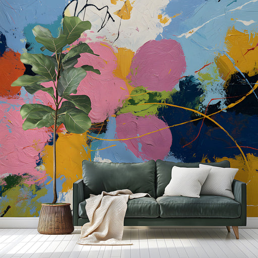 Modern living room featuring a vibrant abstract mural on the main accent wall