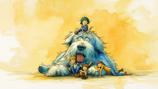 Whimsical watercolor illustration of a giant blue dog sitting with happy children against a soft yellow wash background.