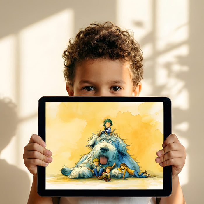 Playful playroom interior decorated with a vibrant, storybook-style mural of a large dog and children.