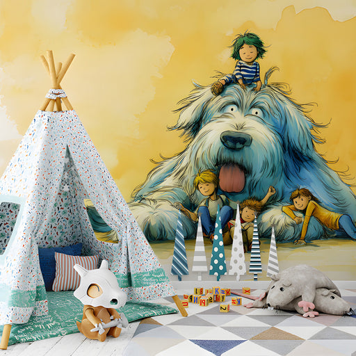 Cozy nursery for kids featuring a hand-drawn mural of a giant dog and children as a feature wall.