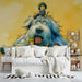 Whimsical children's bedroom wall featuring a large watercolor mural of a giant fluffy dog and kids.