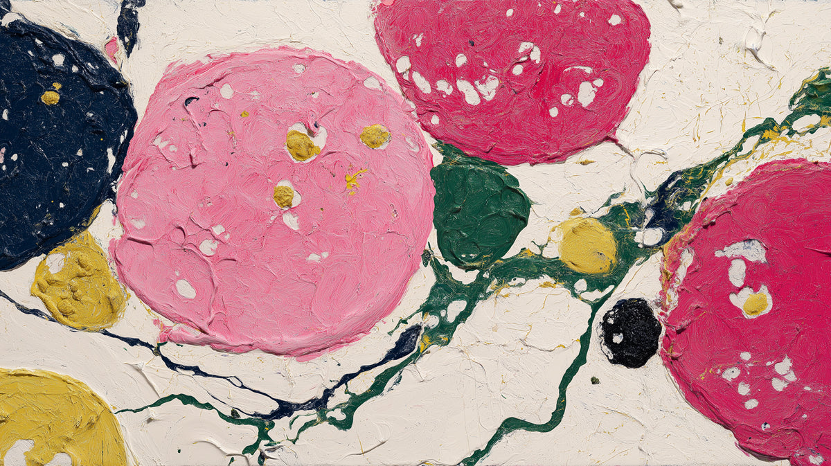 Abstract wall mural featuring thick impasto brushstrokes in pink, mustard yellow, and forest green on off-white.