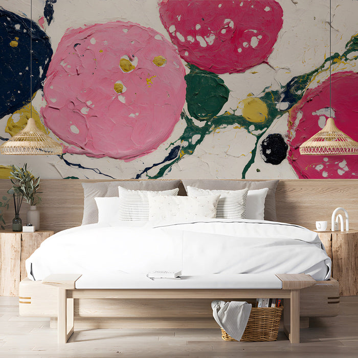 Contemporary bedroom showing an abstract paint-stroke mural as a bold, gallery-style backdrop.