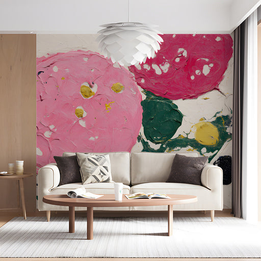 Modern living room featuring a vibrant circular brushstroke feature wall behind a minimalist grey sofa.
