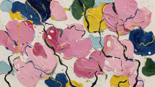Abstract floral oil painting wallpaper featuring thick pink, blue, and yellow brushstrokes on white