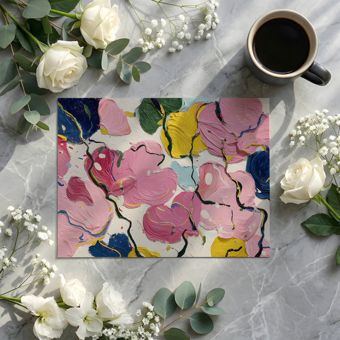 Modern dining room featuring an expressive textured floral wall mural as a vibrant background